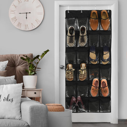 Simple Houseware 24 Pockets Large Clear Pockets Over The Door Hanging Shoe Organizer, Black (56" x 22.5") by Simple Houseware
