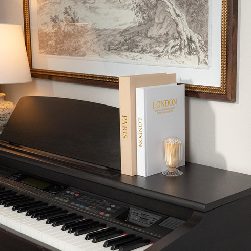 Set 2 Decorative Books with Storage (Caramel/Beige) of Faux Linen Book Boxes with Gold Stamped Covers Enhance Your