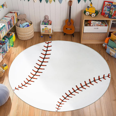 Soft Round Rugs for Bedroom, Baseball Rug for Boys, Bedside Area Kids