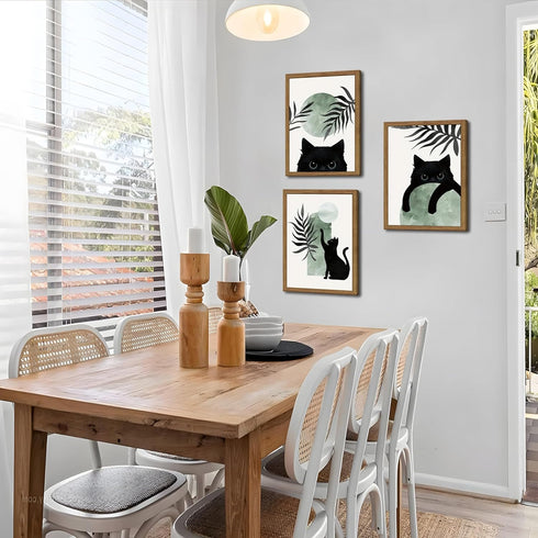 Set 3, 12x16In Framed Sage Green Cat Wall Art of Natural OAK Wood Frame Boho Cute Black Cat Wall Decor Paintings