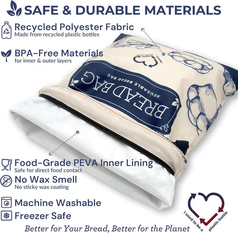 2 Pack GRIN BY GRIN- Bread Bags Reusable Zipper Bags for Homemade Bread Sourdough Extra Large Freezer Storage