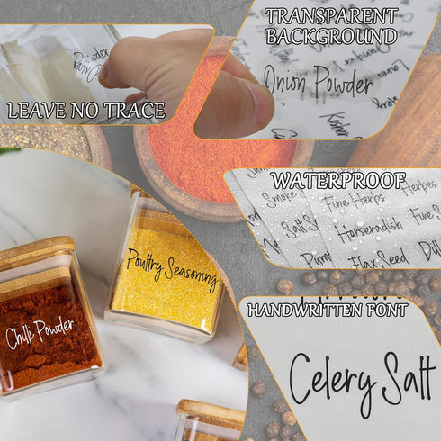 268 Clear Seasoning Jar Labels, Preprinted Kitchen Pantry Organization Labels, Waterproof Black White Script Sticker