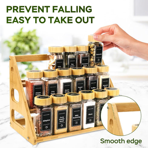 FIKWO 3 18 780 Set Countertop, 4 oz Tier Bamboo Spice Rack Organizer with Spice Jars, Labels, Wood Shelf, Chalk Marker