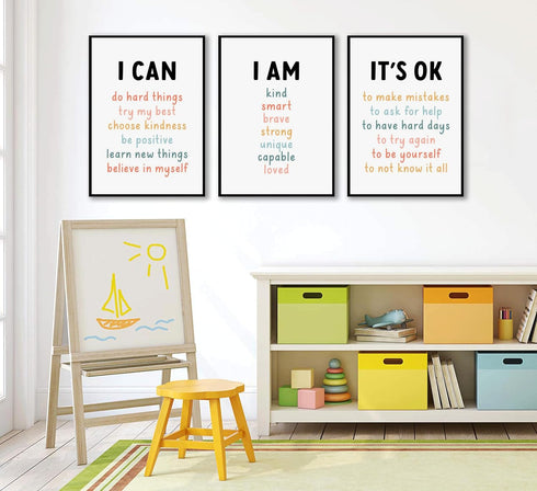 PPJ 3Pcs Affirmations For Kids Wall Art Nursery Wall Decor Daily Inspirational Quotes Prints Posters Kids Bedroom