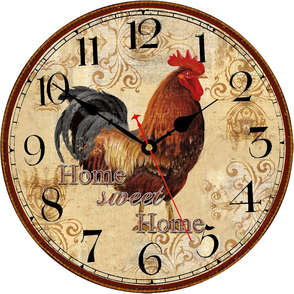 TAHEAT 14 Inch Rustic Rooster Wall Clock, Retro Silent Non-Ticking Decorative Clock for Kitchen/Living Room