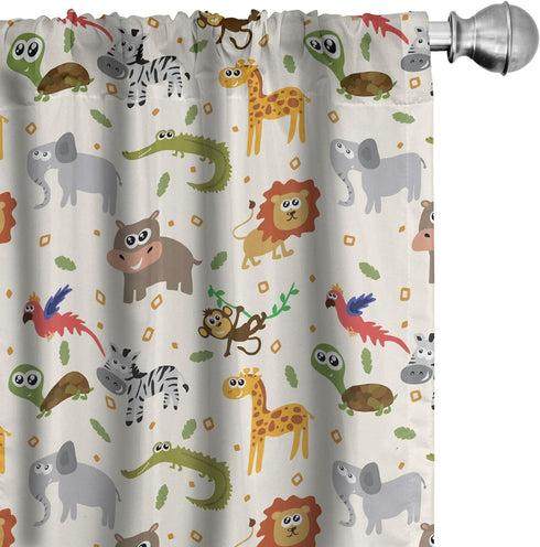 Ambesonne Cartoon Animal Window Curtains, 2-Panel Set with Rod Pocket, Savannah Lion Crocodile Pattern, 28" x 63",