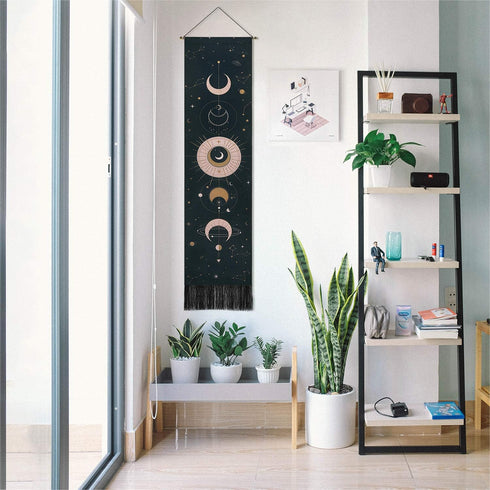 Lyacmy Moon Phase Wall Hanging Art, Bohemian Tapestry for Room (Black, 12.8 x 51.2 inches)