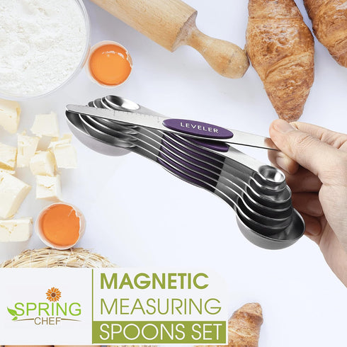 Spring Chef Purple Stainless Steel Magnetic Measuring Spoons Set of 8 with Leveler, Dual Sided Metal Teaspoon & Tablespoon Measuring Spoons, Kitchen Gadgets for Baking & Cooking, Fits in Spice Jars by Spring Chef