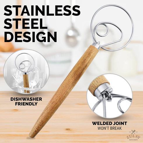 Zulay Kitchen 13-Inch Danish Dough Whisk, Easy Mixing Bread Whisk, Stainless Steel Sourdough Whisk