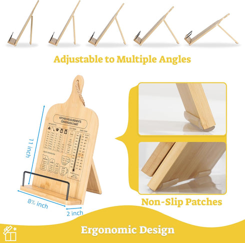Bamboo Cookbook Stand: Sturdy Holder with Measurement Conversion Chart for Kitchen