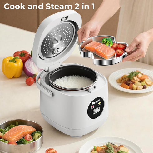 3 Uncooked,1.6 1-3 Rice Cooker Small cup Quart Non-stick Mini Rice Cooker,With Stainless Steel Steamer Tray,One-Switch