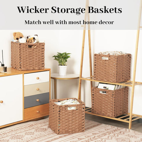 DULLEMELO Wicker Storage Baskets, 11x11 Cube Bins, Foldable Plastic Cubby Baskets Set of 2 for Organizing, Brown