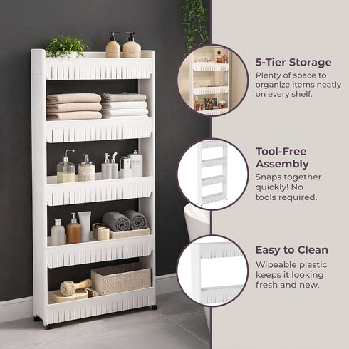 5-Tier Slim Rolling Storage Cart - Utility Cart with Wheels for Bathroom, Kitchen, and Laundry Room - Bathroom Shelves