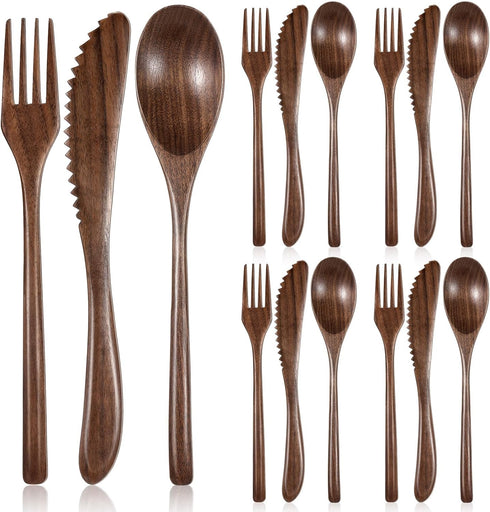 Geiserailie 12 Pcs Wooden Silverware Wood Utensils for Eating Set Wooden Spoon