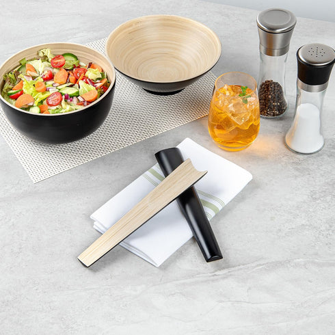 Restaurantware Bambuddha 9.8 Inch Bamboo Serving Set, 2-Piece Black Bamboo Salad Server Set with Heavy-duty Tongs