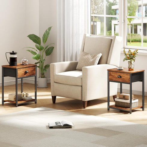 2 Furologee End Table with Storage Shelf and Fabric Drawer, Tiers Industrial Nightstand, Bedside Table Organizer