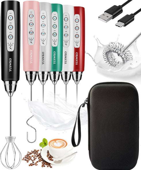 YUSWKO Rechargeable Handheld Milk Frother, Electric Whisk Drink Mixer for Coffee, 3 Speed Adjustable, Black