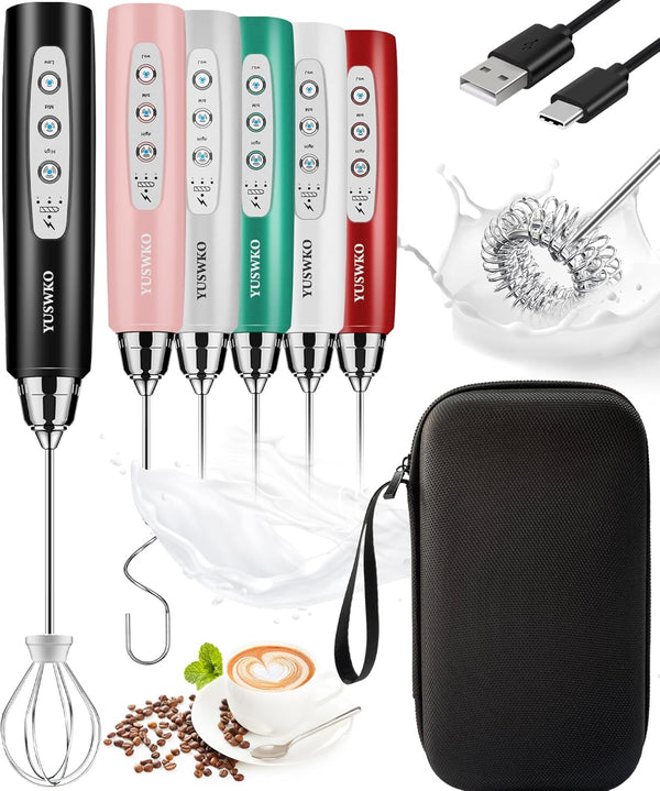 YUSWKO Rechargeable Handheld Milk Frother, Electric Whisk Drink Mixer for Coffee, 3 Speed Adjustable, Black