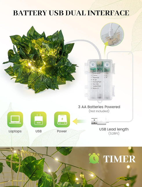 Lights,23ft 73LED woohaha Vine with Fairy Ivy String Light with Battery Operated,Leaf Light for Bedroom, Room, Wall