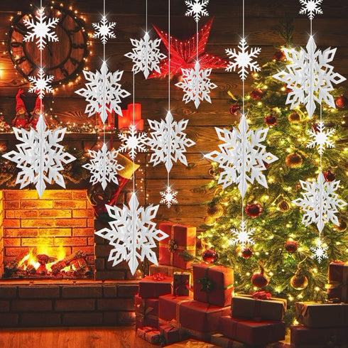 Christmas Party Decorations, 18Pcs Holiday 3D Glittery Large Snowflake Hanging Garland Flags for Home Decoration