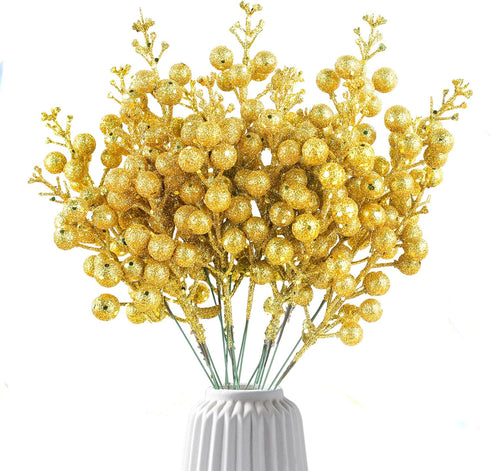 LEBERY 14Pcs Gold Christmas Glitter Berries Stems Christmas Tree Picks 7.8 Inch Artificial