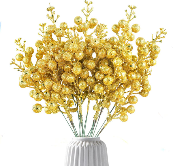 LEBERY 14Pcs Gold Christmas Glitter Berries Stems Christmas Tree Picks 7.8 Inch Artificial