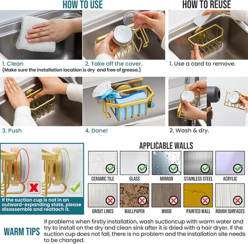 TAILI Sponge Holder for Kitchen Sink with Strong Suction Cup Removable, Rustproof Aluminum Sink Caddy for Sponge