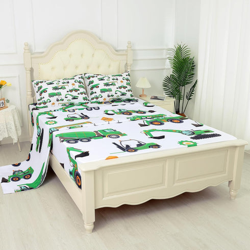 Set 4PC Set 1 1 2 Sheet Green Tractor: Full Size Cartoon Excavator Truck Bed Sheets for Boys Kids Toddler Deep Pocket