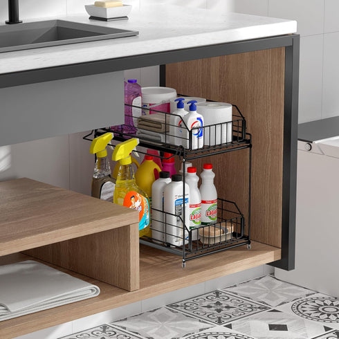 SUEH DESIGN 2 Tier Under Sink Organizer, Metal Kitchen Bathroom Storage with Hanging Rail