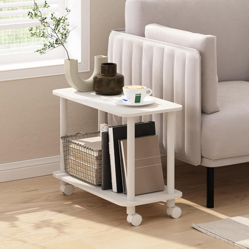 2-Tier Furinno Turn-N-Tube Side Table, Rectangle Sofa End Table with Wheels, Round Corner Night Stand, Bedside Table