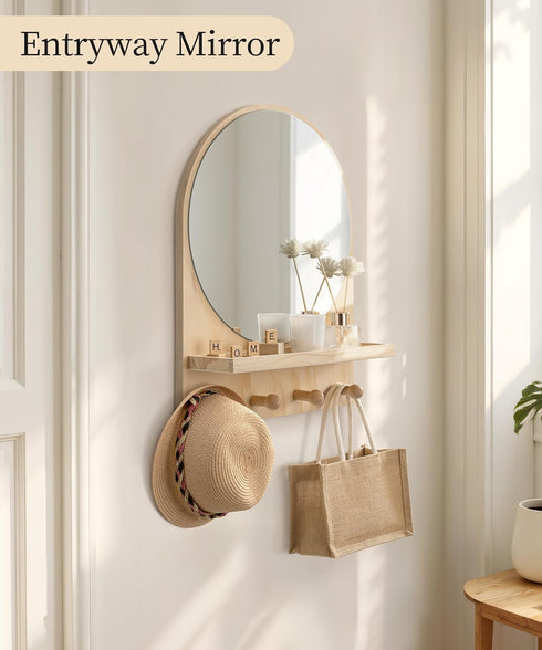 14x18 Inch Maxpeuvon Nursery Mirror, Boho Circle Mirror Wall Mount Natural Wood Shelf Hanging Arch Modern Wall Decor