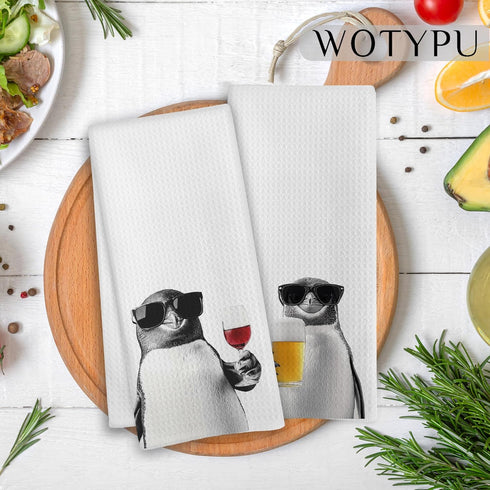 WOTYPU 16x24 Inch Set 2 Funny Penguin Kitchen Bar Towels, Penguin Gifts for Women Men, Gifts for Wine Beer Lovers