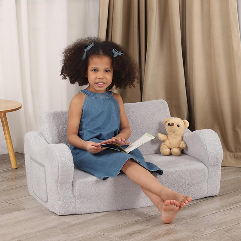 2-in-1 Extra Wide Toddler Chair, Toddler Couch Fold Out, Convertible Sherpa Sofa to Lounger for Boys & Girls, Grey