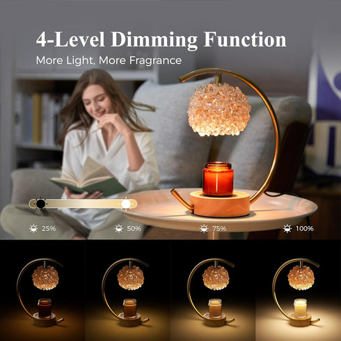Yeuslor Gold Candle Warmer Lamp for Jar Candles with Adjustable BrightnessTimerHandcrafted CrystalWooden Base