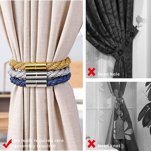 NICEEC 2 Pack Strong Magnetic Curtain Tiebacks, Decorative Weave Rope Curtain Holdbacks for Home & Office Windows