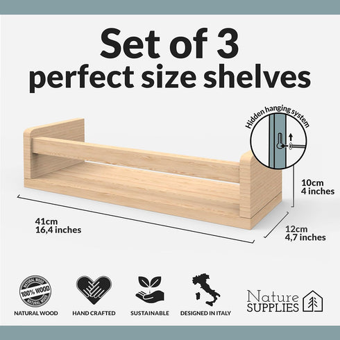 Set 3 NATURE SUPPLIES Nursery Book Shelves, of Floating Bookshelves for Wall for Nursery Decor & Playroom Decor