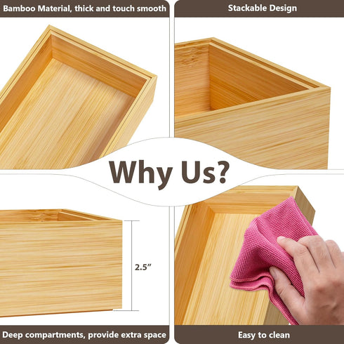 Stackable Bamboo Kitchen Drawer Organizer Bins for Silverware, Flatware, and Office Desk - 9" x 6" x 2.5"