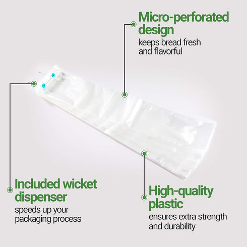 Restaurantware 28 Inch x 6 Inch Bread Bags, 250 Micro Perforated Clear Plastic Baguette Bags with Wicket Dispenser