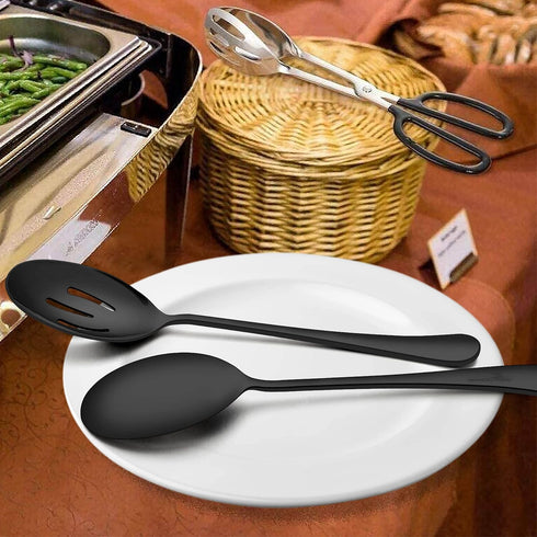 Homikit Stainless Steel Serving Utensils, 2 Black Serving Spoons, 2 Slotted Spoons, 2 Forks, Dishwasher Safe