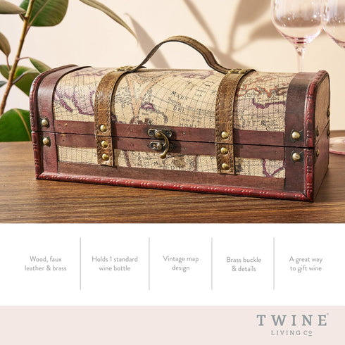 Twine Old World Wine Bottle Gift Box, Wooden Box with Lid and Handle, Holds 1 Bottle