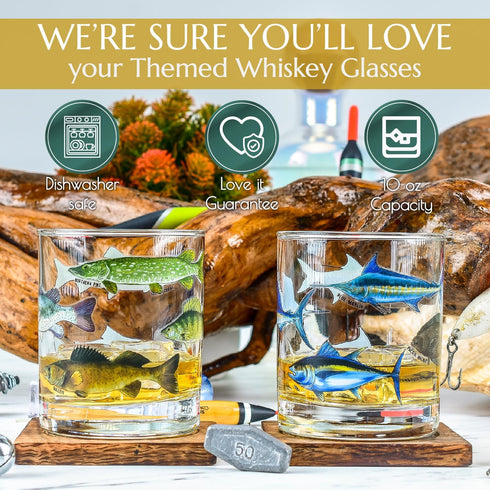 Greenline Goods Fishing Glass Set - Fish Themed 10 oz Whiskey Glass Set of 2 for Fisherman and Outdoorsman