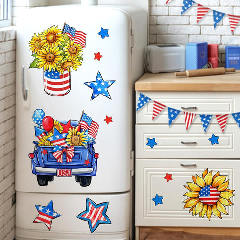 Mfault 4th of July Patriotic Window Clings, 4 Sheets America USA Sunflower Blue Truck Stickers Decal Decorations