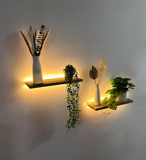 Comtelek Set 2, Floating Shelves for Wall Decor Wood Wall Mounted Shelves with LED Lights of Sturdy Rustic Wood Shelves