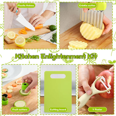 FGASIDYO 9PCS Set Montessori Kitchen Tools Cookware Baking Toy, Kids Knife for Real Cooking with Cutting Boards