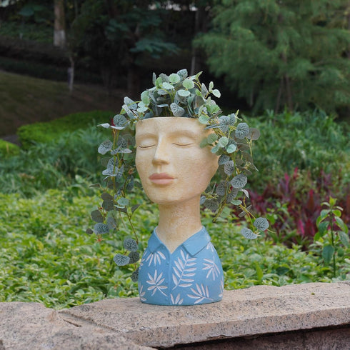 5x6x10.5 Inch DiliComing Face Planter Pot Head Planter - Resin Blue Boy Head Planters for Indoor Outdoor Plants