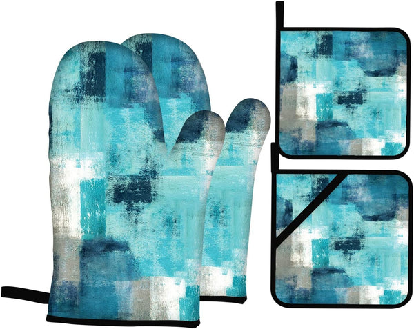 Modern Teal Abstract Art Turquoise Grey Oven Mitts and Pot Holders Set of 4 for Kitchen Baking Cooking Grilling