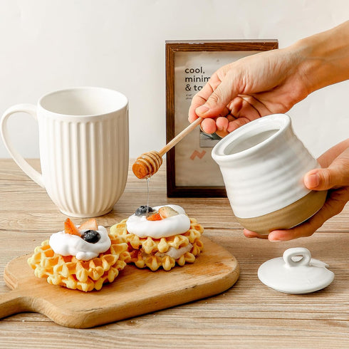 12 HASENSE Ceramic Honey Pot with Lid and Dipper Stick, Ounce HoneyJar Dish for Home Kitchen, Farmhouse Honey Container