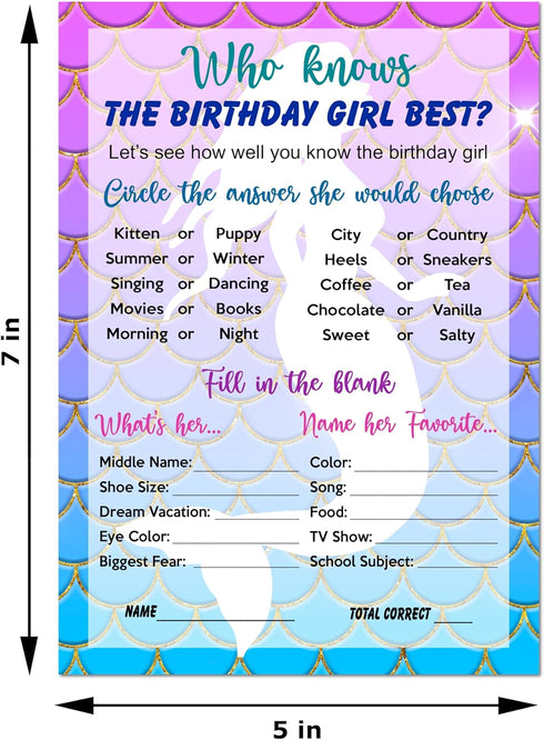 RokAPary Mermaid Who Knows The Birthday Girl Best Game, Fun Game for Sleepover, Pack of 30 Cards 5”x7”