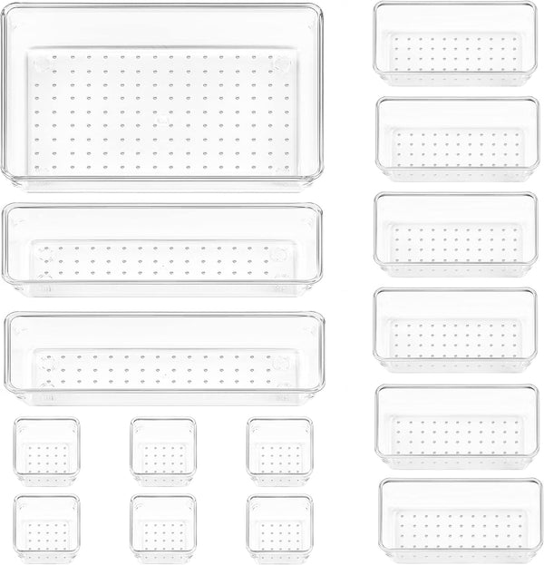 Vtopmart 15 PCS Clear Plastic Drawer Organizers Set, Versatile Storage Bins for Makeup, Kitchen Gadgets, Office