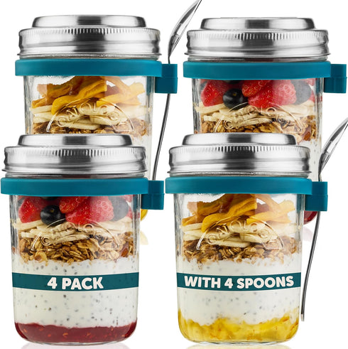 Overnight Oats Containers with Lids & Spoons - Stainless Steel Lid Leakproof